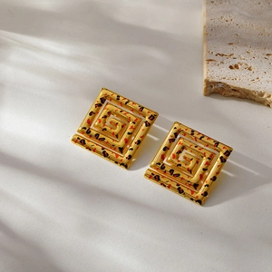 Vintage 18k gold plated stainless steel square earrings with leopard pattern for women