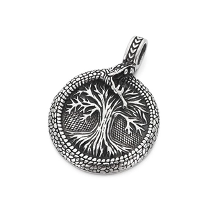 Nordic Jormungandr snake pendant with Yggdrasil world tree in retro stainless steel finish