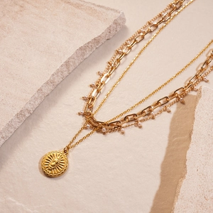 18K gold plated double layer stainless steel necklace with sun coin pendant and pearls