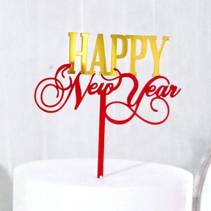 Adorno de tarta Happy New Year en acrílico rojo y dorado para celebración de Año Nuevo