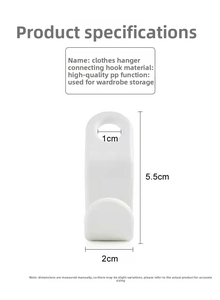 Detail of durable white plastic hanger connector hooks showing 5.5cm height and 2cm width