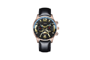 Detail of Geneva quartz watch featuring a gold tachymeter bezel and chronograph sub-dials