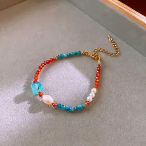 Baroque pearl and turquoise beaded necklace with gold chain and lobster clasp