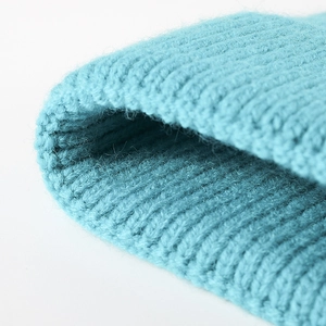 Lake blue ribbed knit beanie hat with warm wool texture for women and men in winter