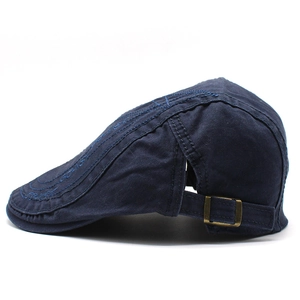 Navy blue cotton flat cap for men with decorative stitching and adjustable bronze buckle