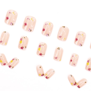 Unghie finte rosa con motivi floreali delicati in stile corto e tondo da donna