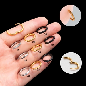 Stainless Steel Hoop Earrings Engraved Pattern Geometric Punk Style Unisex Ear Buckles For Cartilage Piercing