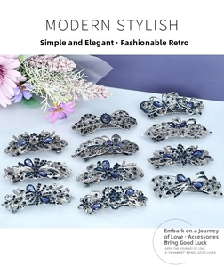 Détails de pinces à cheveux vintage avec strass bleus et motifs de fleurs et papillons