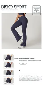 Detail of navy blue flare yoga pants featuring a stylish V-cross high waist design