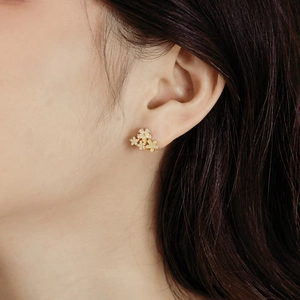 Close-up of gold flower-shaped stud earrings with zircons worn on a model's ear