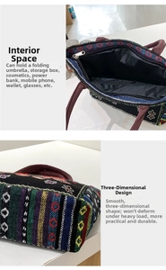 Detailed view of ethnic woven handbag interior zipper and durable bottom profile