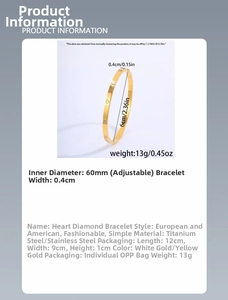 Macro detail of 4mm gold heart-engraved titanium steel bangle with 60mm diameter info