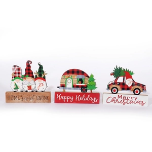 Three-piece Christmas wooden desk decor set featuring gnomes and festive red plaid cars
