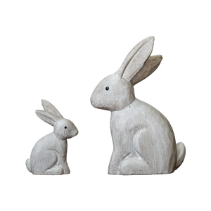 Minimalist distressed wooden rabbit ornaments set in cream grey for home shelf decor