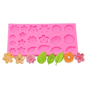 Pink flower and leaf silicone mold for DIY crafts and baking with colorful samples