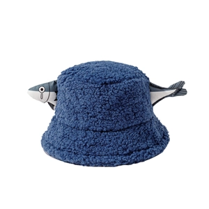 Deep blue lamb wool bucket hat with cute cartoon fish design for winter warmth