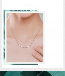Close-up of S925 sterling silver smile necklace with sparkling paved diamonds on a model