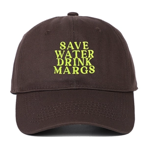 Close-up of Save Water Drink Margs embroidery on a brown cotton twill baseball cap