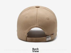 Detail view of khaki baseball cap back with premium fabric and adjustable metal buckle