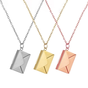 Custom stainless steel envelope necklaces in silver, gold and rose gold finishes
