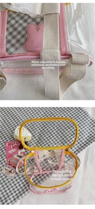 Detailed view of clear PVC kids backpack featuring adjustable straps and pink yellow trim