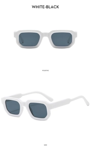 Front and side views of white square frame sunglasses with dark lenses for driving