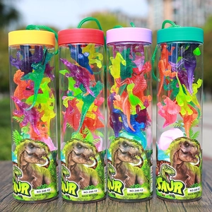 Miniature dinosaur toy set in four colorful storage buckets with model plants