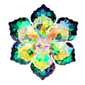 Detail of crystal flower brooch with iridescent AB coating and gradient blue petals