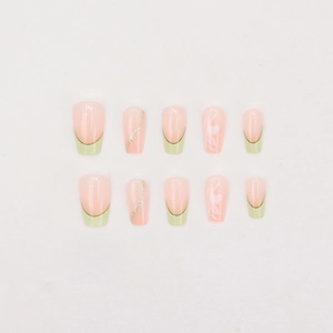 Green French manicure press-on nails with white flowers and silver glitter lines