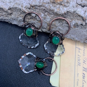 Vintage bronze maple leaf pendant with green agate stone and faceted crystal drop