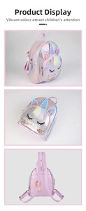 Detail of glitter unicorn backpack with 3D horn, plush hair and laser leather texture