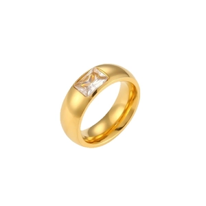 Elegant 18K gold plated stainless steel ring with a rectangular cubic zirconia stone