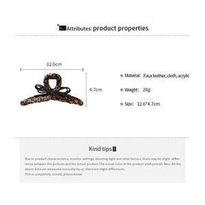 Detailed dimensions of the leopard print faux leather bow hair claw clip with size markings