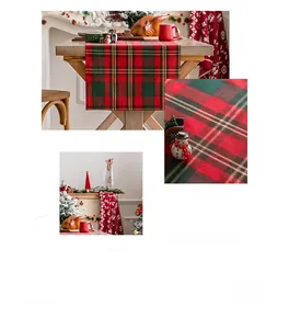Detailed close-up of thick woven red and green plaid Christmas table runner texture