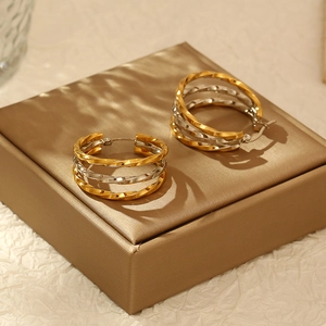 Twisted multi-layer round stainless steel earrings in gold and silver finish on a gift box