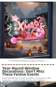 Detailed view of pink 3D XMAS window stickers with snowman, tree and snowflakes