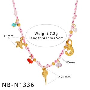 Detail view of colorful braided rope necklace with starfish and seashell charms