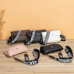 Vintage PU Leather Crossbody Bag Women Small Quilted Rhombus Monogram Print Waist Bag With Wide Letter Strap Retro Trend