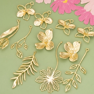 3D Flower Leaf Branch Charms Gold Plated Copper Hollow Tulip Feather Pendants For DIY Jewelry Making Necklaces Earrings
