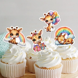 Cute giraffe theme birthday cake toppers set with colorful cartoon designs on cupcakes