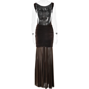 Detail of dark brown pleated sleeveless evening dress with sheer mesh skirt and side slit