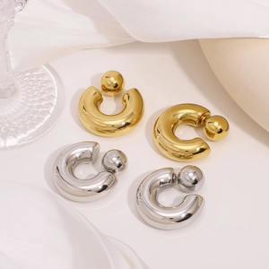 Stainless Steel C Shape Earrings 18K Gold Plated Hollow Geometric Hoop Studs For Women Hypoallergenic Minimalist Jewelry