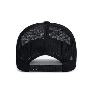 Adjustable black mesh trucker hat with breathable snapback design for summer sun protection