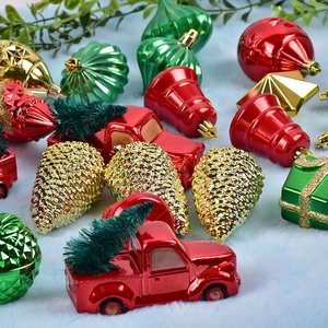 44pcs red and gold Christmas tree ornaments set with truck, pinecones and balls