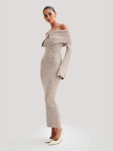 Elegant off-shoulder oatmeal knit maxi dress with long sleeves and a slim fit silhouette