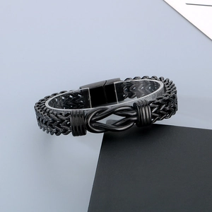 Men's matte black titanium steel bracelet with infinity knot and braided chain link