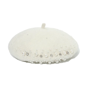 Elegant cream white wool beret for women with faux pearls and sparkling rhinestone accents