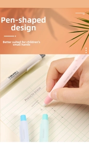 Detail of pink pen-style retractable eraser used on paper with macaron color casing