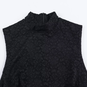 Elegant sleeveless black lace dress featuring a chic high-neck and back zipper closure
