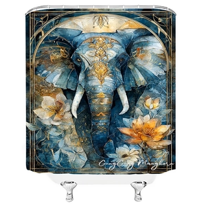 Détail de l'imprimé éléphant et lotus sur rideau de douche bleu marine avec crochets